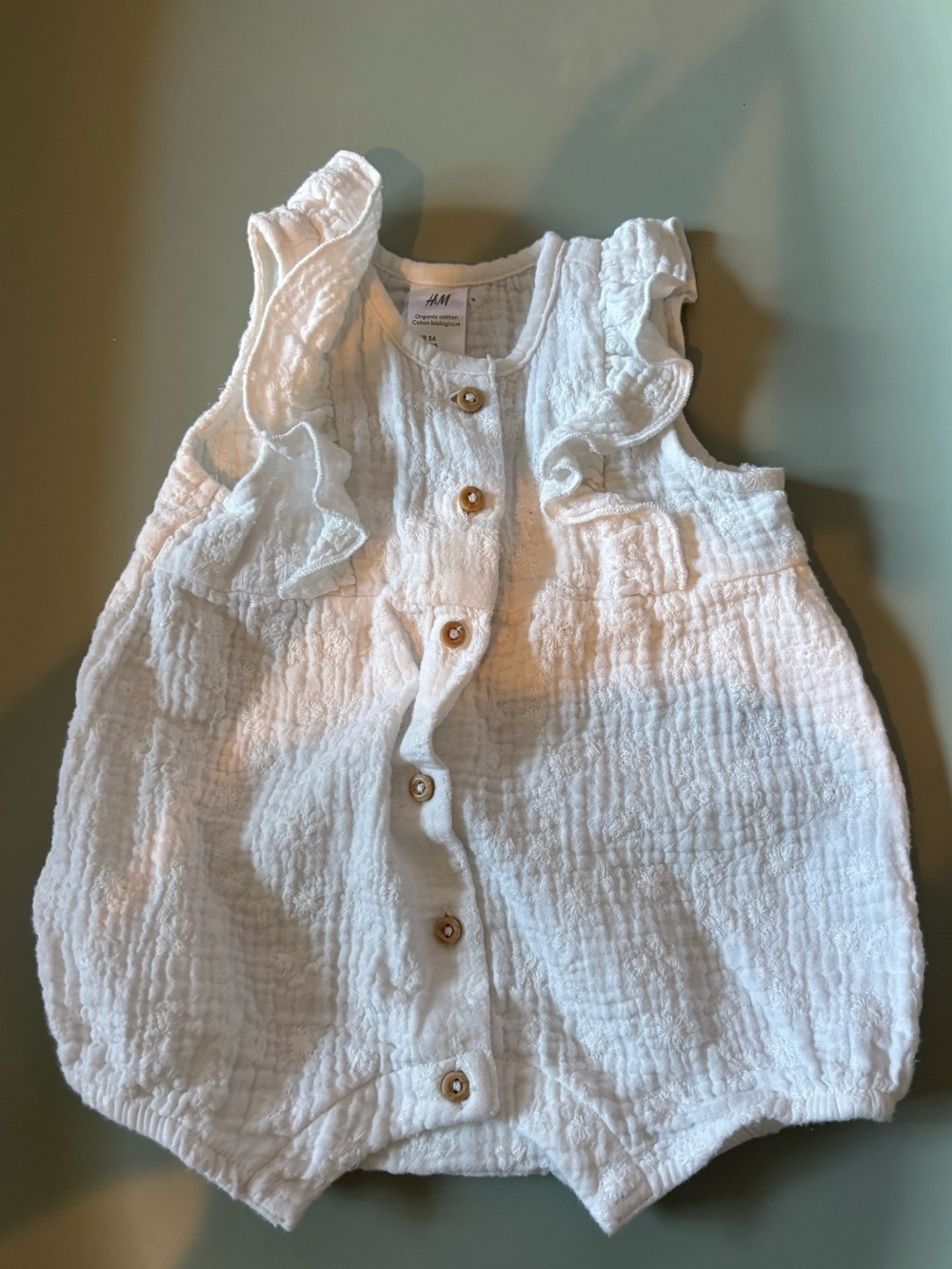 H&M White Cotton Gauze Baby Romper with Ruffle Shoulders